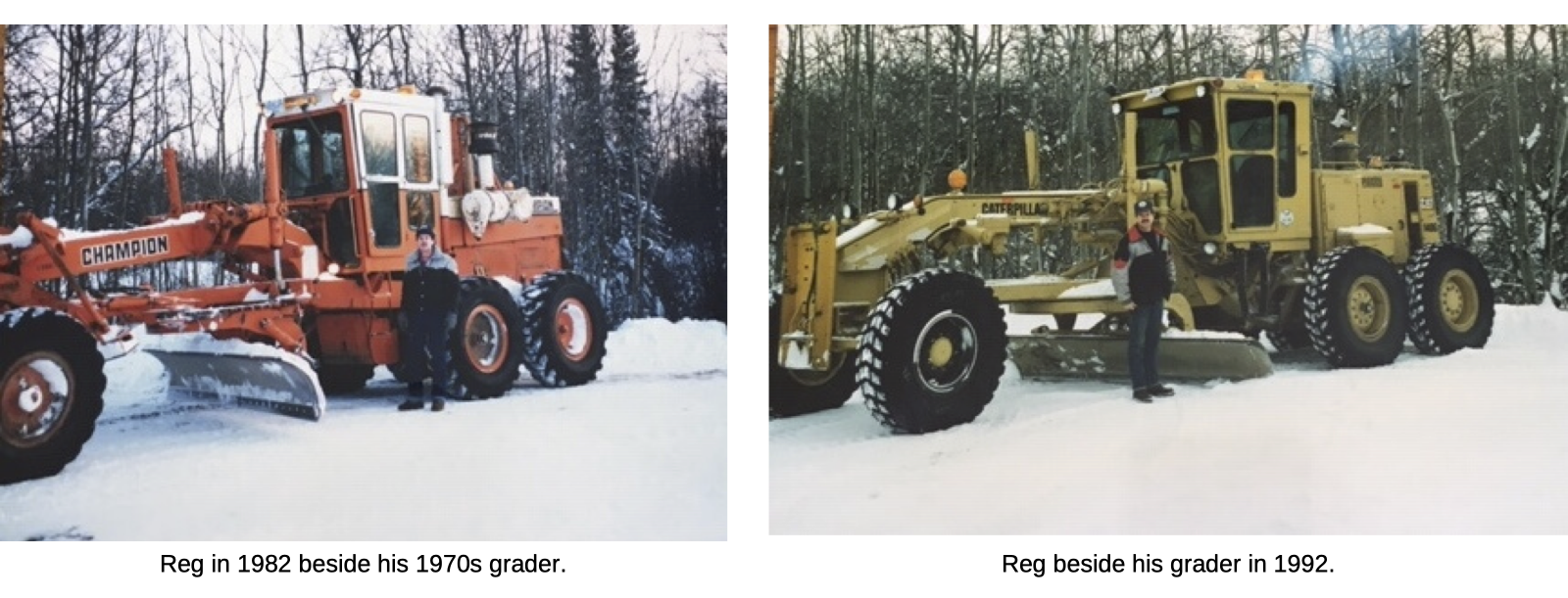 Image 1 - Reg standing next to the 1970s grader he operated in 1982, Image 2 - Reg standing next to his grader in 1992